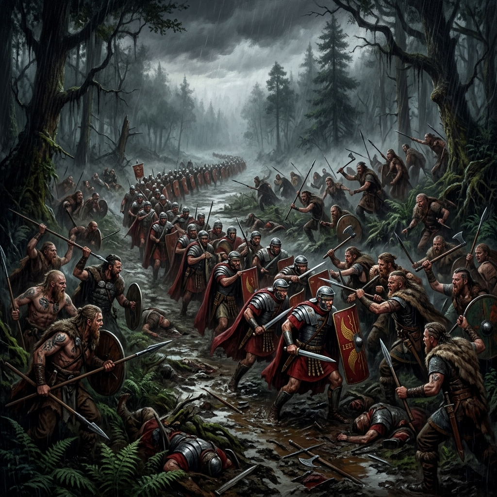 Battle of Teutoburg Forest A dramatic historical depiction of the Battle of Teutoburg Forest, showing Roman legionaries in heavy armor trying to form defensive lines in a muddy, rainy swamp while Germanic warriors launch sudden ambushes from the high, wooded ridges.
