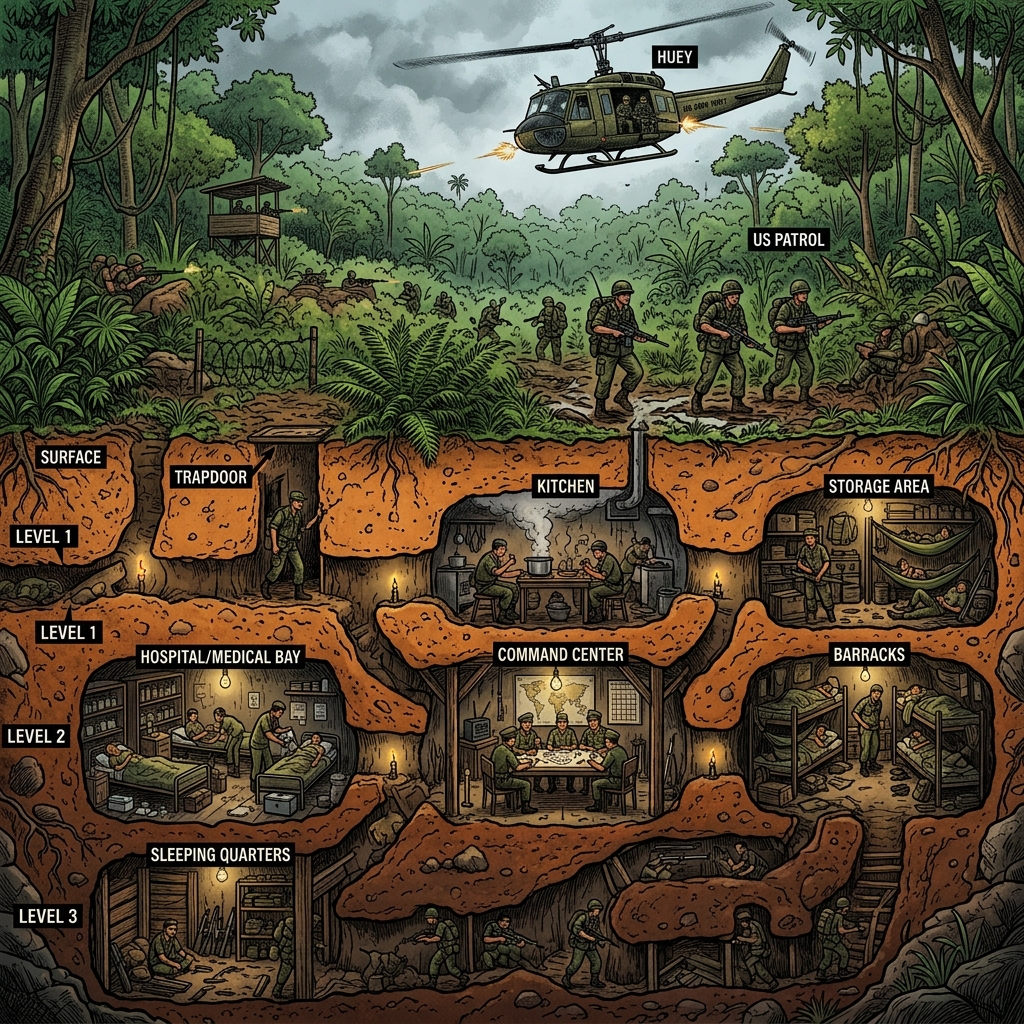 Viet Cong tunnel networks Detailed cross-sectional diagram of the Viet Cong tunnel networks, showing how soldiers lived and operated underground in multi-level chambers, neutralizing US air strikes and artillery