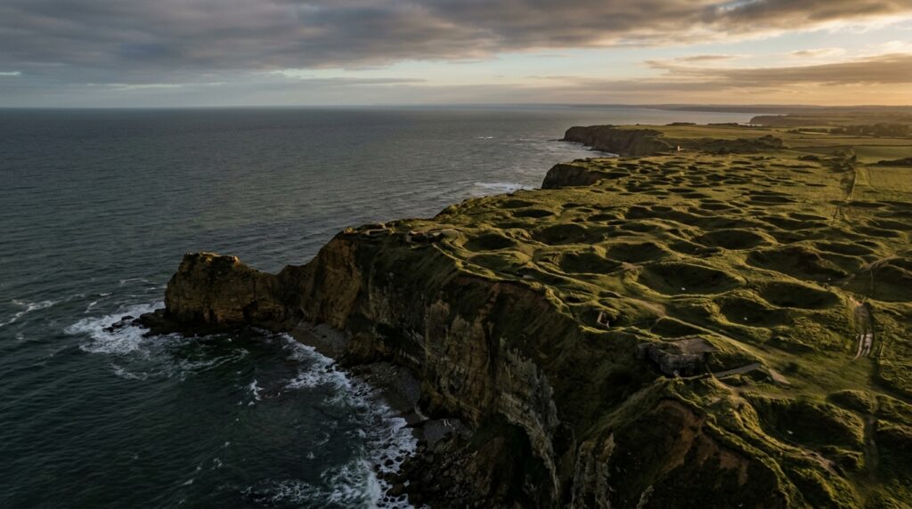 The Normandy coast at Pointe du Hoc, where Allied forces scaled 100-foot cliffs on June 6, 1944 War lessons WW2: aerial view of Normandy coast Pointe du Hoc D-Day landing site with bomb craters and Atlantic Ocean at dawn, June 6 1944