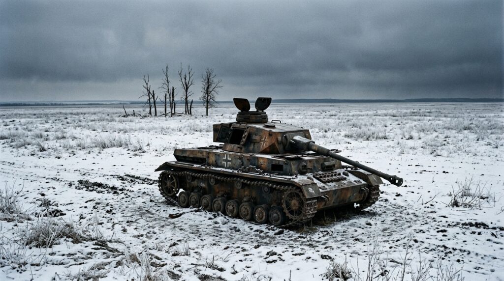 A knocked-out German Panzer lies abandoned on the Eastern Front War lessons WW2 logistics: abandoned German Panzer IV tank on Eastern Front frozen steppe, Operation Barbarossa supply chain failure, winter 1942