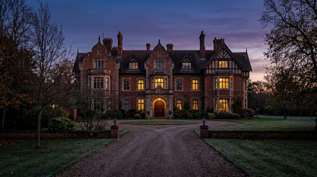 The Bletchley Park codebreaking facility in Buckinghamshire, England War lessons WW2 intelligence: Bletchley Park Victorian mansion at dusk, WWII Enigma codebreaking headquarters Buckinghamshire England, Ultra operation