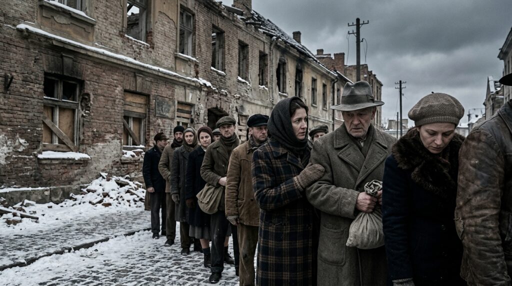 Women and children line up for food rations in besieged Leningrad, winter 1941–42 War lessons WW2 civilian resilience: Soviet civilians queuing for food during Leningrad siege 1941-1944, 872 days under bombardment, WWII Eastern Front