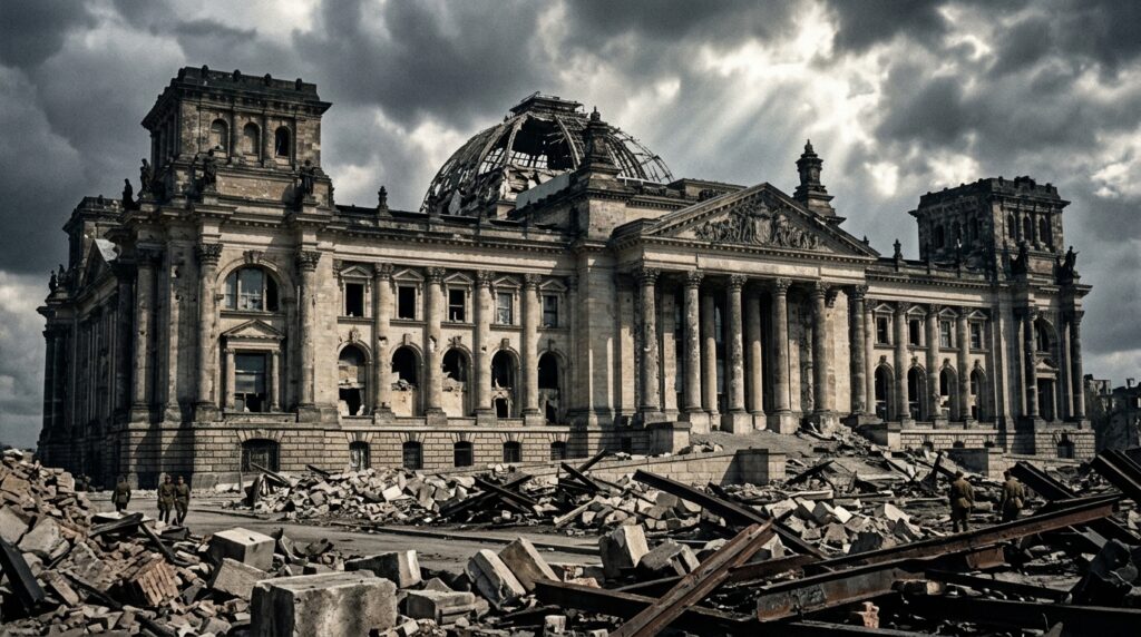 The ruined Reichstag building in Berlin, May 1945 War lessons WW2 conclusion: ruins of Berlin government building May 1945, end of World War II, military figures among rubble, dramatic overcast sky