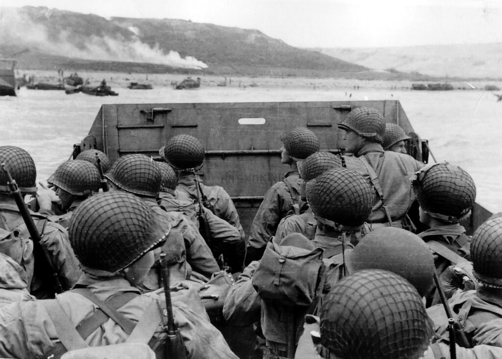 Allied Landing Craft Approaching Normandy, D-Day Allied troops in a landing craft approaching Omaha Beach, Normandy, June 6, 1944
