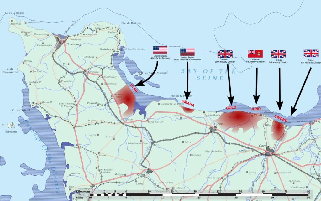 Map of the D-Day Landings, June 6, 1944 Map of the D-Day landing beaches at Normandy, June 6, 1944, showing Utah, Omaha, Gold, Juno, and Sword sectors