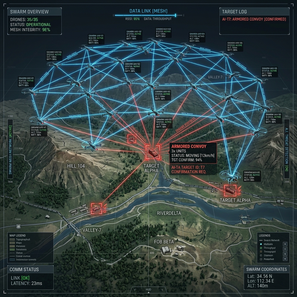 Drone Swarms Explained: How Massed UAVs Could Transform Future Warfare 2 Technical diagram style illustration showing a drone swarm over a landscape, with glowing digital lines connecting the drones in a mesh network
