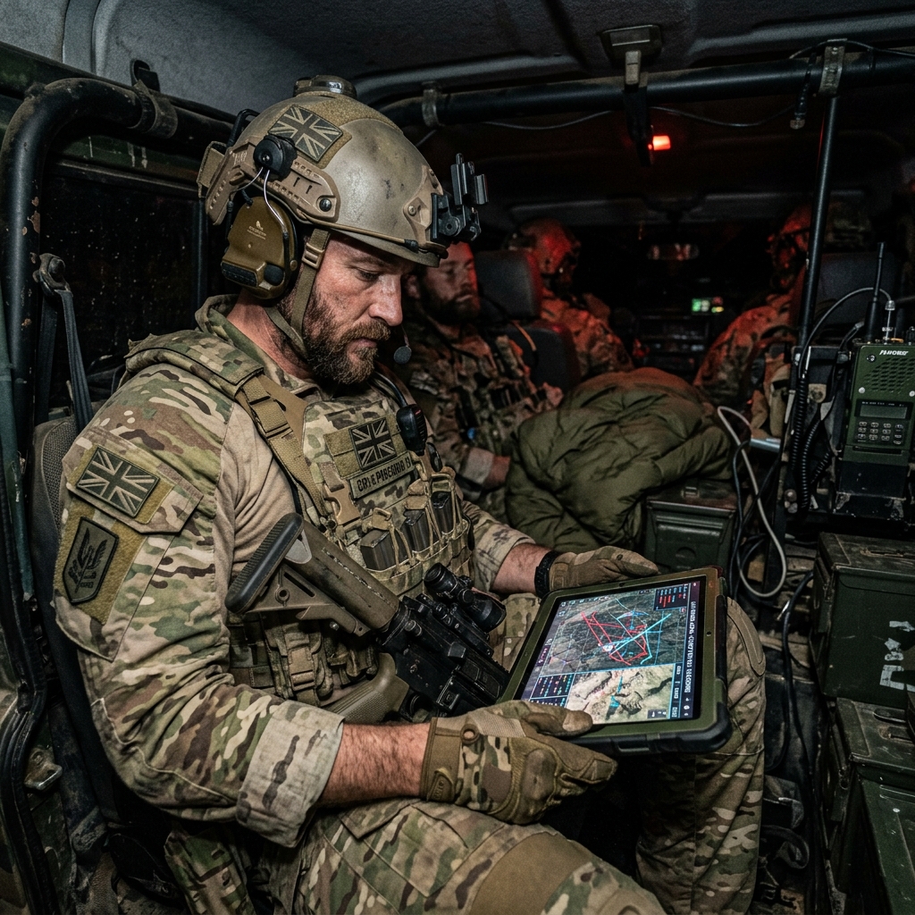 Drone Swarms Explained: How Massed UAVs Could Transform Future Warfare 3 Photorealistic image of a military operator sitting in the back of a camouflaged vehicle, looking at a rugged tactical tablet screen that shows drone flight paths