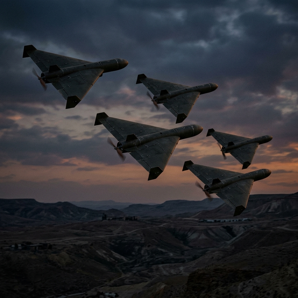 Drone Swarms Explained: How Massed UAVs Could Transform Future Warfare 1 A small group of Shahed loitering munitions flying in a loose drone swarms formation.