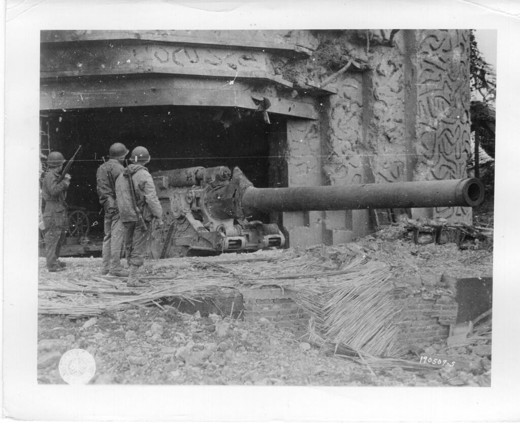 German Bunker, Crisbecq Battery, St. Marcouf German gun bunker in a camouflaged pillbox near St. Marcouf, Normandy, destroyed by Allied bombing and shelling, June 1944