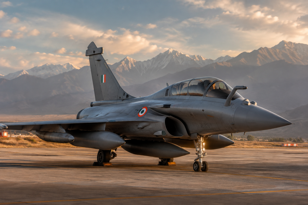 Indian Air Force Rafale fighter jet on tarmac with mountain backdrop