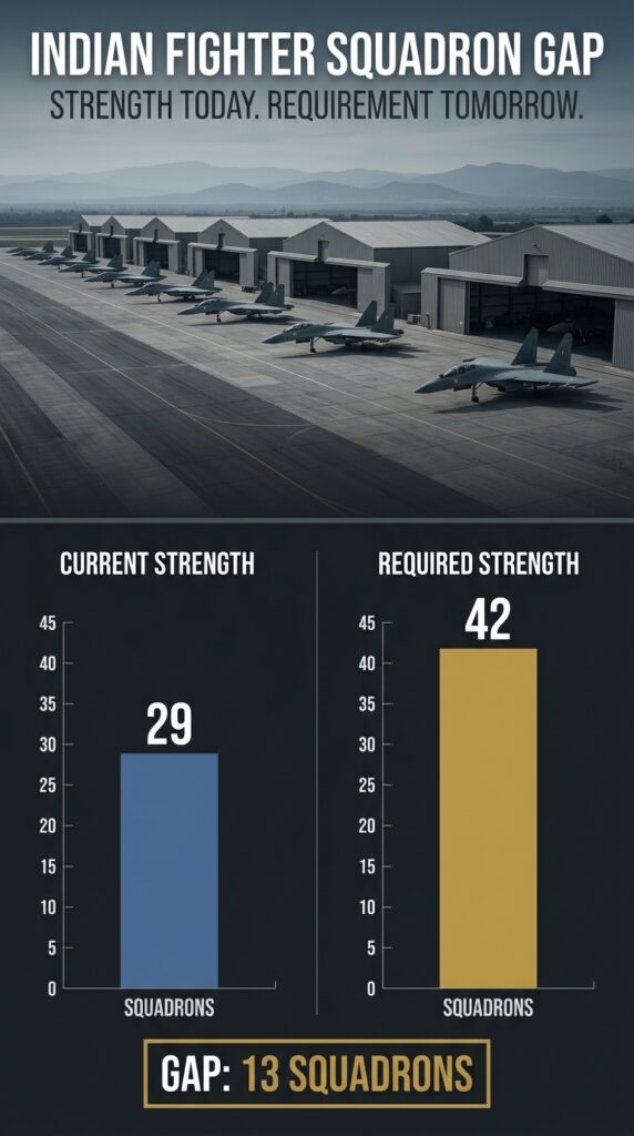 Infographic showing Indian Air Force current strength of 29 squadrons versus required 42 squadrons with a gap of 13