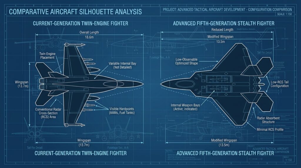 Blueprint comparison of current-generation twin-engine fighter and advanced fifth-generation stealth fighter silhouettes