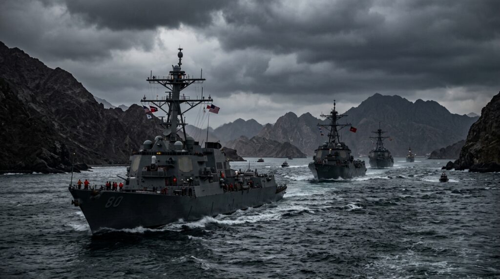 The Peril of Hubris: How Overconfidence Leads to Military Defeat in the US-Iran Conflict 1 Modern naval warships patrolling turbulent waters in a narrow strait.