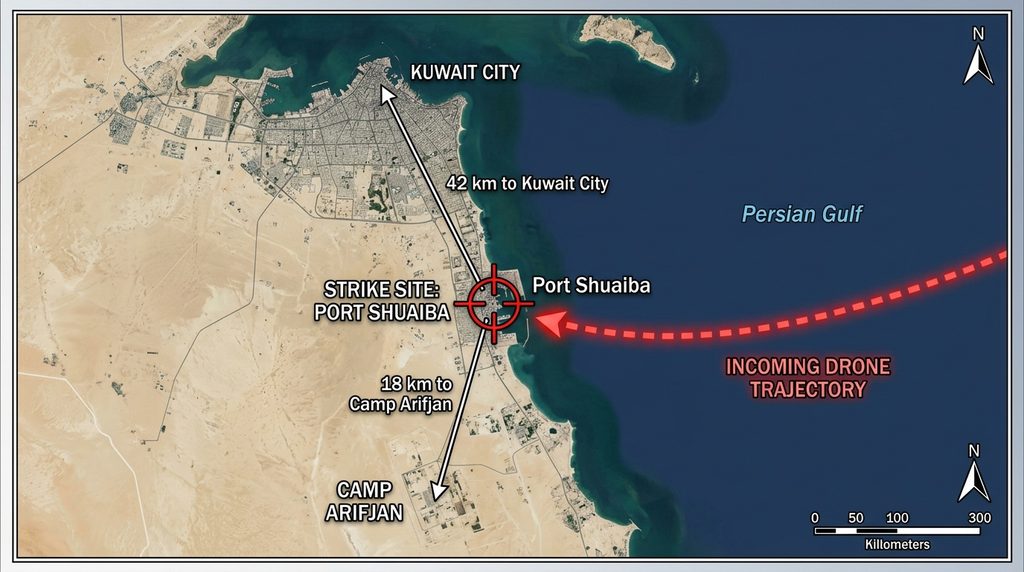 Shuaiba Drone Attack Location Map Map showing the Shuaiba drone attack site, Kuwait City, Camp Arifjan, and the drone's incoming trajectory